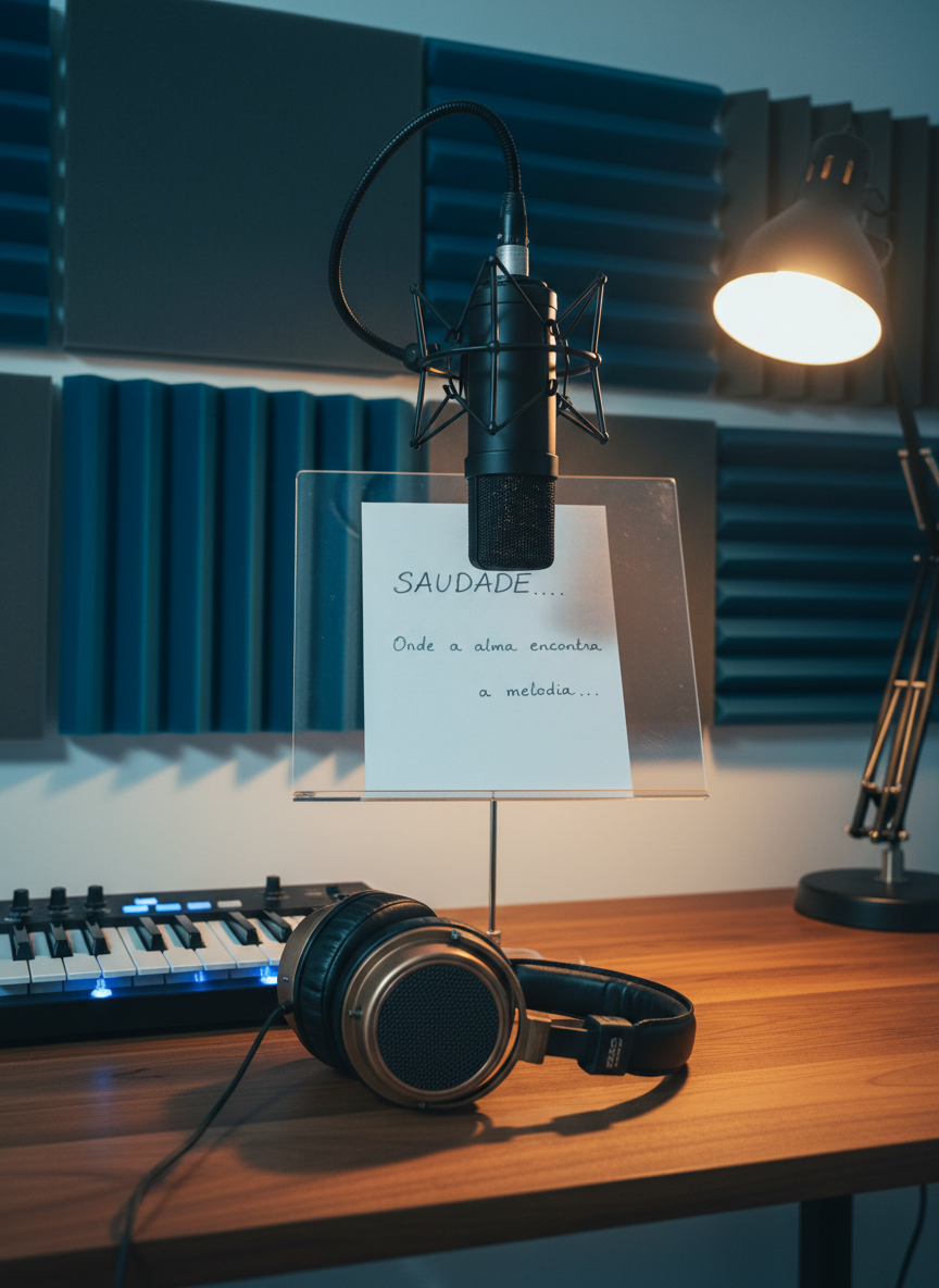 A sleek, modern studio setup combines analog warmth and contemporary edge: a matte-black condenser microphone in a shock mount faces a floating music stand holding sheet music printed with Portuguese lyrics. Behind, a wall of acoustic foam panels alternates between charcoal and deep ocean blue, forming a subtle geometric pattern. A compact keyboard with illuminated controls glows faintly on a walnut desk, next to vintage headphones with burnished metal accents. Cool, diffused overhead lighting is balanced by a narrow beam of warm light from a desk lamp, creating gentle contrast and reflective highlights. Photographic realism, shot at eye level with a shallow depth of field, focuses on the microphone and lyrics, while the background softens into understated bokeh, evoking focus, sophistication, and creative exploration.