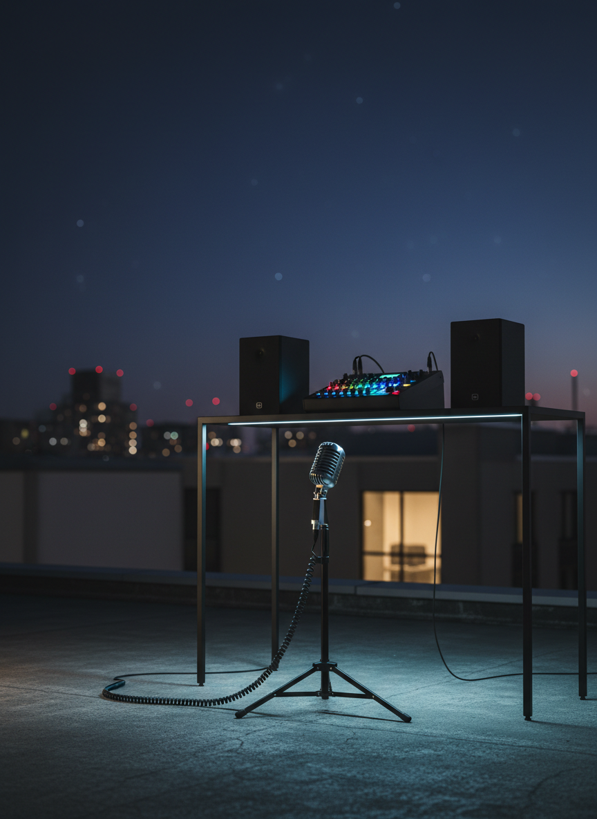 A nighttime urban rooftop scene features a minimalist sound system arranged against a dusky sky transitioning from deep blue to inky black. A compact mixer with colorful LED levels glows atop a slim, black metal table, flanked by two understated matte-black speakers. In the foreground, a classic ribbon microphone on a stand faces the unseen city, cable coiled neatly on rough concrete. Distant city lights scatter like stars, forming a soft bokeh behind the equipment. Subtle, cool-toned ambient lighting outlines the clean silhouettes of the gear, while a faint warm reflection from a nearby window adds depth. Photographic realism, low-angle three-quarter view, with the horizon placed low in the frame. The atmosphere is sophisticated, introspective, and cinematic, evoking late-night sessions and musical voyages above the city.