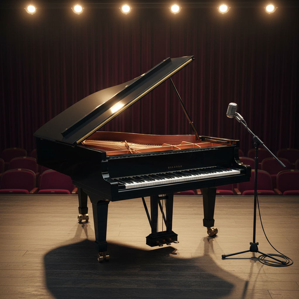 A glossy ebony grand piano with its lid open, revealing warm copper strings and hammers, sits center-stage in an intimate concert hall. The piano’s polished surface subtly reflects the deep burgundy velvet curtains and dark wooden floorboards around it. A single vintage microphone on a sleek black stand rises at the keyboard’s edge, cable snaking toward the shadows. Soft golden stage spotlights wash the piano in a gentle glow, casting elegant, elongated shadows across the floor. Photographic realism, eye-level composition with a shallow depth of field keeps the instrument crisp while the empty rows of plush seats dissolve into a creamy bokeh, evoking sophistication, travel, and a poised, expectant silence before music begins.