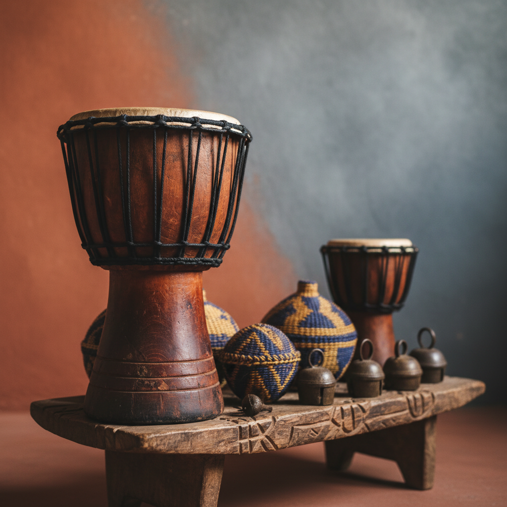 A collection of well-worn percussion instruments from West Africa rests on a low, hand-carved wooden platform: rich brown djembes with taut goat-skin heads, small metallic bells, and woven shakers with intricate indigo and ochre patterns. Behind them, a textured wall painted in deep terracotta gradually transitions into a cool slate gray, symbolizing a bridge between cultures. Warm, diffused side lighting creates soft highlights on the wood grain and subtle shadows beneath each instrument. Photographic realism, framed using the rule of thirds, with a slightly elevated angle and moderate depth of field, keeps the front drum in sharp focus while the others gently blur. The mood is rooted, ancestral, and quietly powerful, suggesting rhythms that travel across oceans and time.