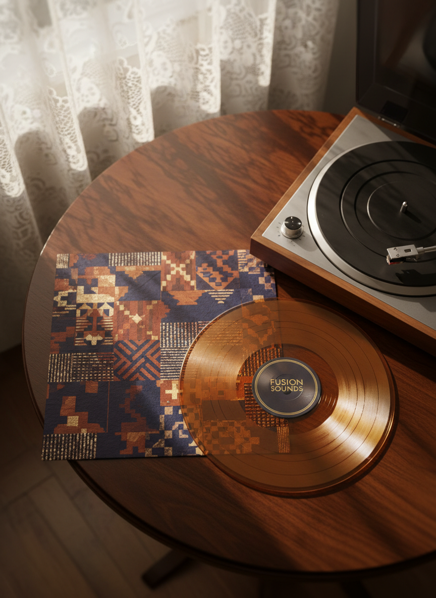 An elegant vinyl record lies partially pulled from its sleeve on a dark wooden table. The cover art is a rich collage of abstract shapes inspired by West African textiles and Lisbon azulejos, in deep indigo, burnt sienna, and shimmering gold. The record itself is a glossy translucent amber, catching the light in delicate concentric rings. Beside it, a small, vintage turntable in brushed aluminum and walnut is paused, tonearm hovering just above the spinning platter. Late-afternoon window light streams in from the side, casting patterned shadows from lace curtains across the scene. Photographic realism, captured from a slightly overhead angle, with crisp focus on the vinyl’s grooves and a gentle blur toward the corners. The mood is nostalgic yet modern, suggesting timeless songs that connect continents.