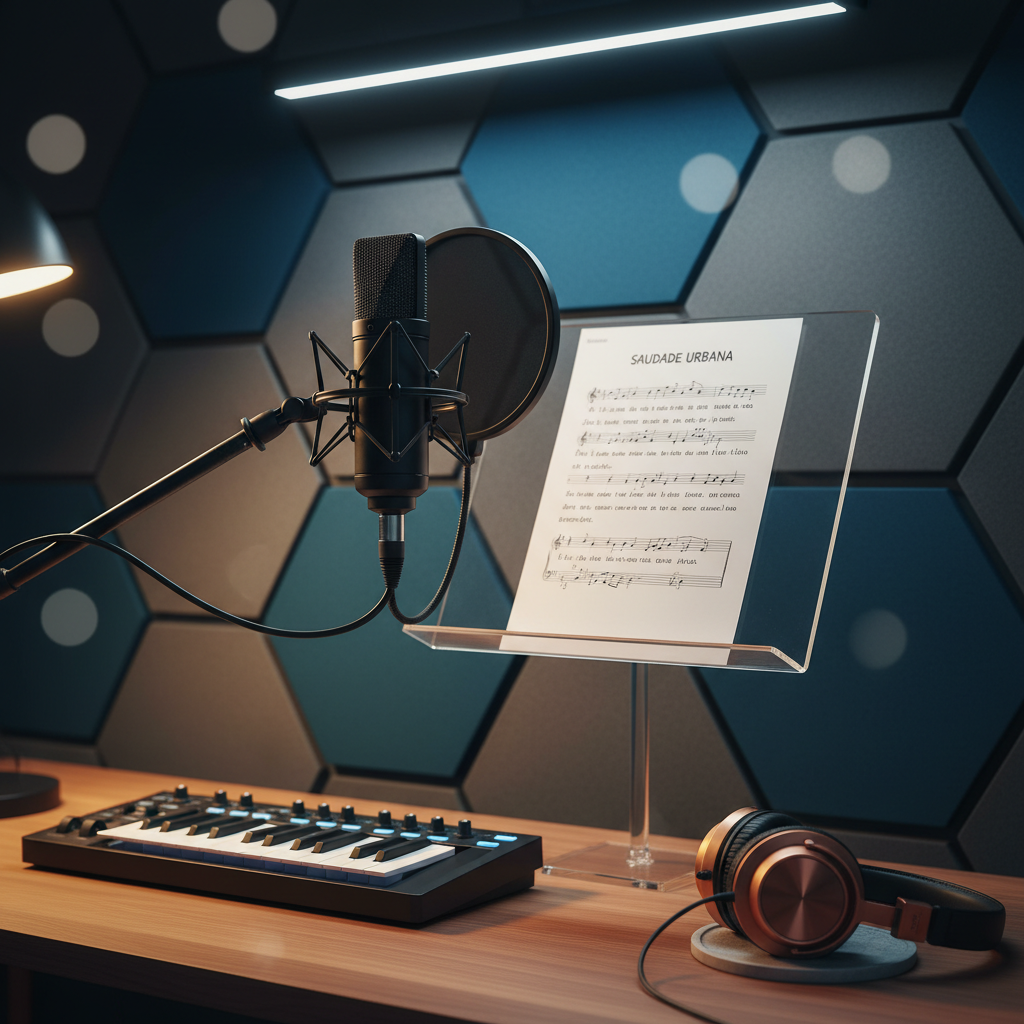 A sleek, modern studio setup combines analog warmth and contemporary edge: a matte-black condenser microphone in a shock mount faces a floating music stand holding sheet music printed with Portuguese lyrics. Behind, a wall of acoustic foam panels alternates between charcoal and deep ocean blue, forming a subtle geometric pattern. A compact keyboard with illuminated controls glows faintly on a walnut desk, next to vintage headphones with burnished metal accents. Cool, diffused overhead lighting is balanced by a narrow beam of warm light from a desk lamp, creating gentle contrast and reflective highlights. Photographic realism, shot at eye level with a shallow depth of field, focuses on the microphone and lyrics, while the background softens into understated bokeh, evoking focus, sophistication, and creative exploration.