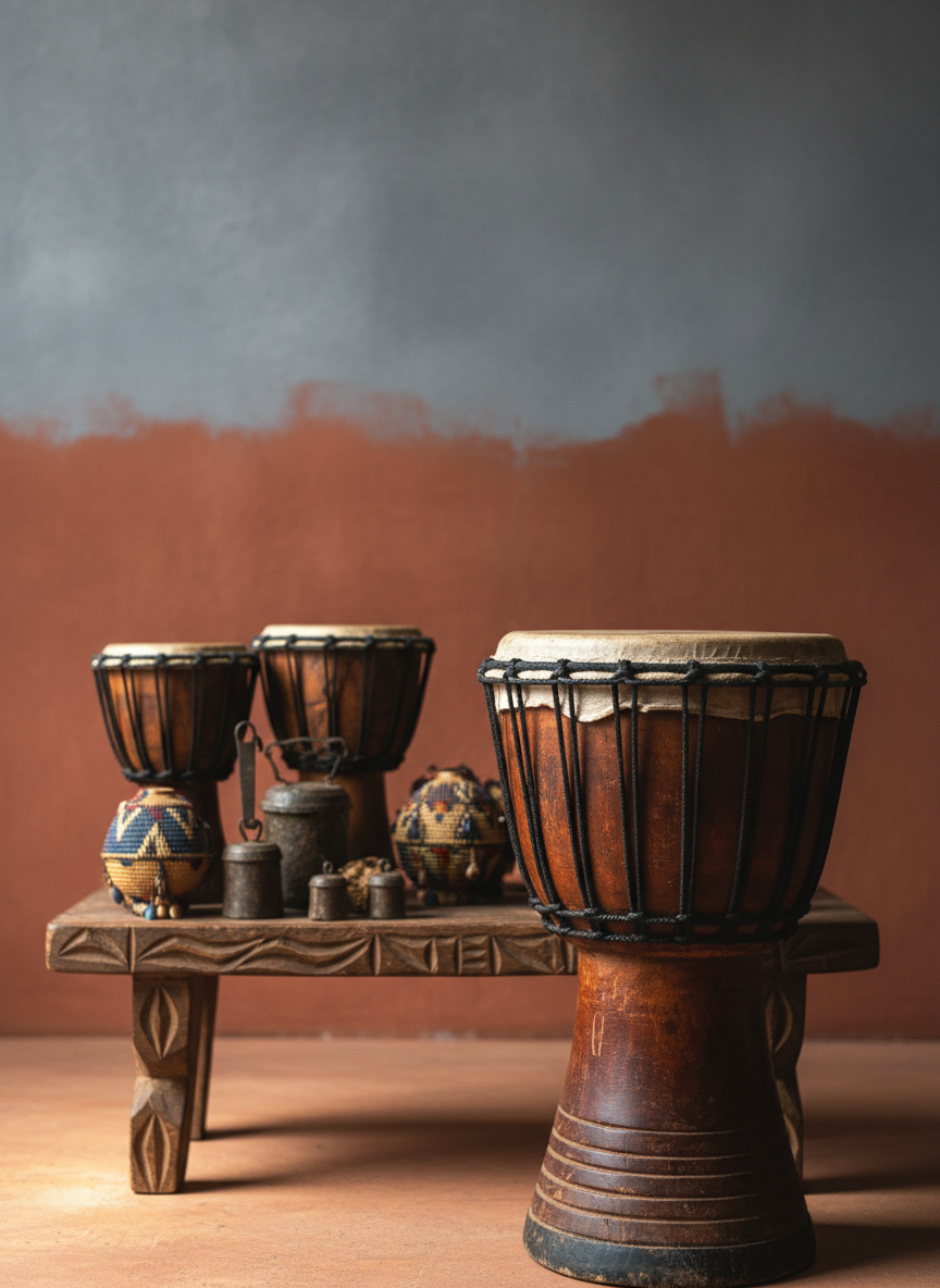 A collection of well-worn percussion instruments from West Africa rests on a low, hand-carved wooden platform: rich brown djembes with taut goat-skin heads, small metallic bells, and woven shakers with intricate indigo and ochre patterns. Behind them, a textured wall painted in deep terracotta gradually transitions into a cool slate gray, symbolizing a bridge between cultures. Warm, diffused side lighting creates soft highlights on the wood grain and subtle shadows beneath each instrument. Photographic realism, framed using the rule of thirds, with a slightly elevated angle and moderate depth of field, keeps the front drum in sharp focus while the others gently blur. The mood is rooted, ancestral, and quietly powerful, suggesting rhythms that travel across oceans and time.